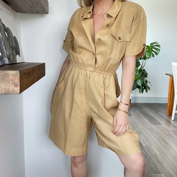 Vintage Linen Romper Jumpsuit Camel Khaki Safari - Picture 4 of 6